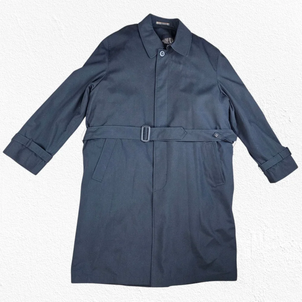 London Fog Navy Belted Trench Coat Plaid Removable Liner Jacket Size 42 Short